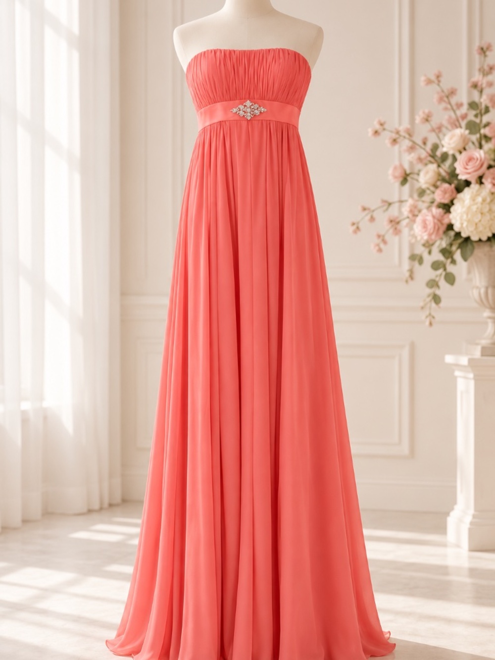 Coral Strapless Maxi Dress with Rhinestone Waist Detail